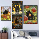 Black Cat Canvas Wall Art Moon Star Forest Cartoon Illustration