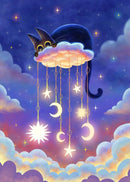 Black Cat Canvas Wall Art Moon Star Forest Cartoon Illustration