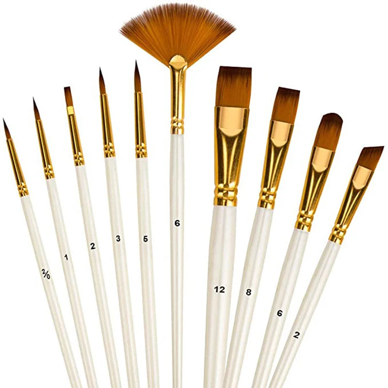 10Pcs Nylon Paint Brushes Set For Acrylic Oil Watercolor Painting