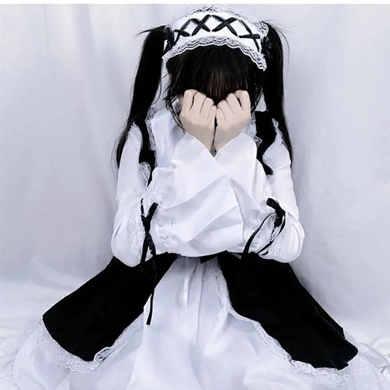 Women Maid Lolita Cosplay Costume Black White Cafe Apron Dress