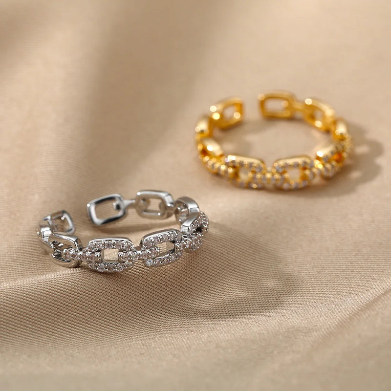 Twist Chain Open Ring Zircon Stainless Steel Geometric Couple Jewelry