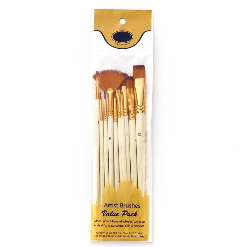 10Pcs Nylon Paint Brushes Set For Acrylic Oil Watercolor Painting