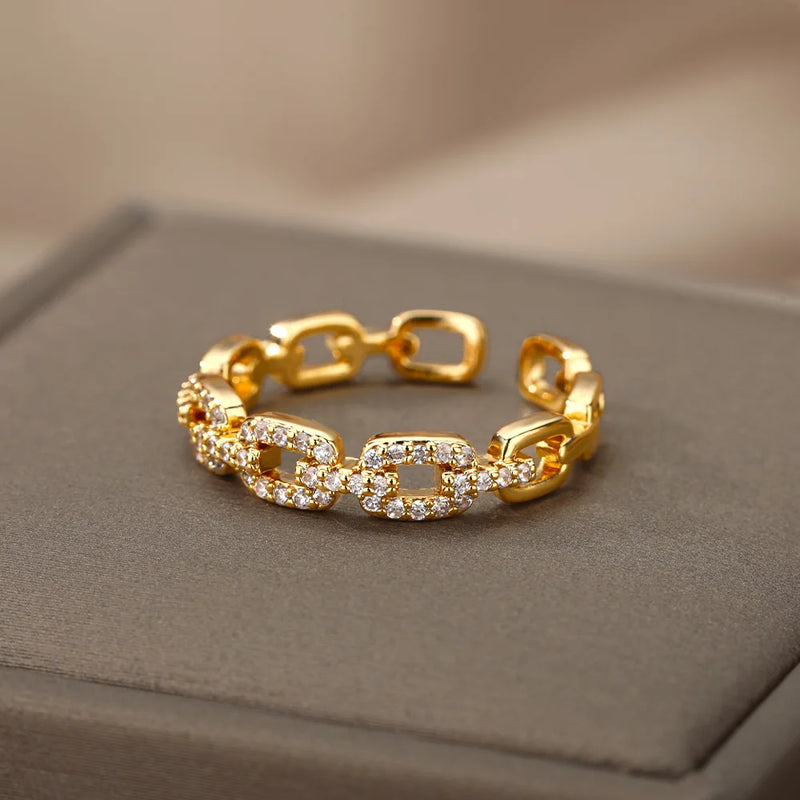 Twist Chain Open Ring Zircon Stainless Steel Geometric Couple Jewelry