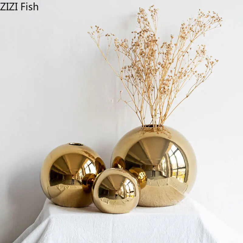 Golden Ceramic Vase Decorative Flower Pot Hydroponic Art Craft