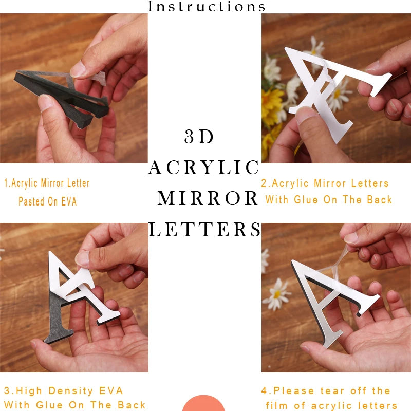 Silver Letter 3D Mirror Wall Sticker Alphabet For Birthday Wedding Decor