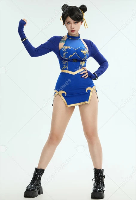 Chun Li Cosplay Costume Women Halter Dress Top Bracelets Hairband