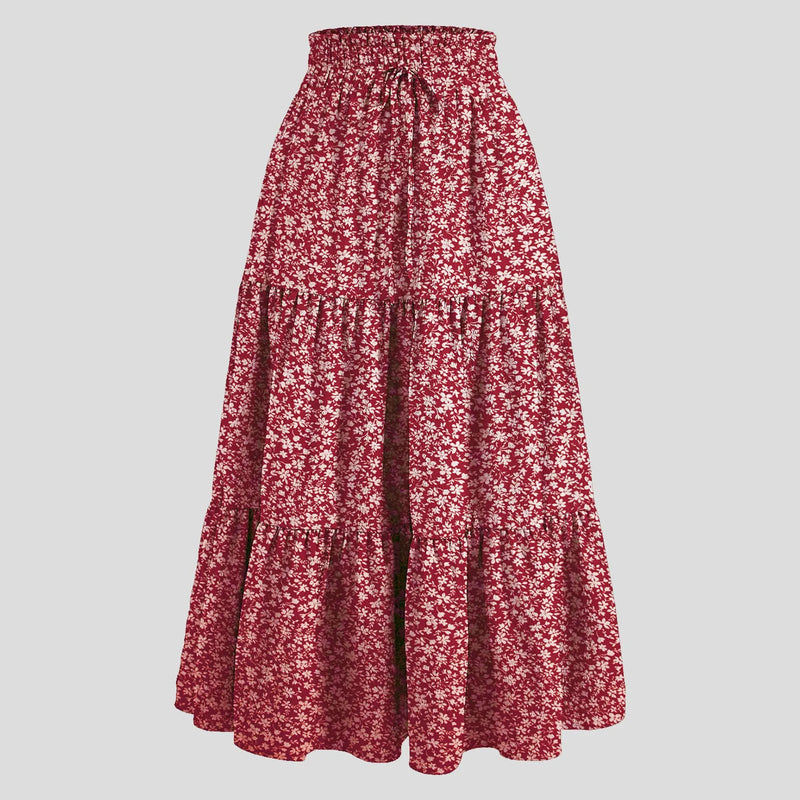 Boho Floral Maxi Skirt Elastic Waist Pleated Flowy Long Skirt