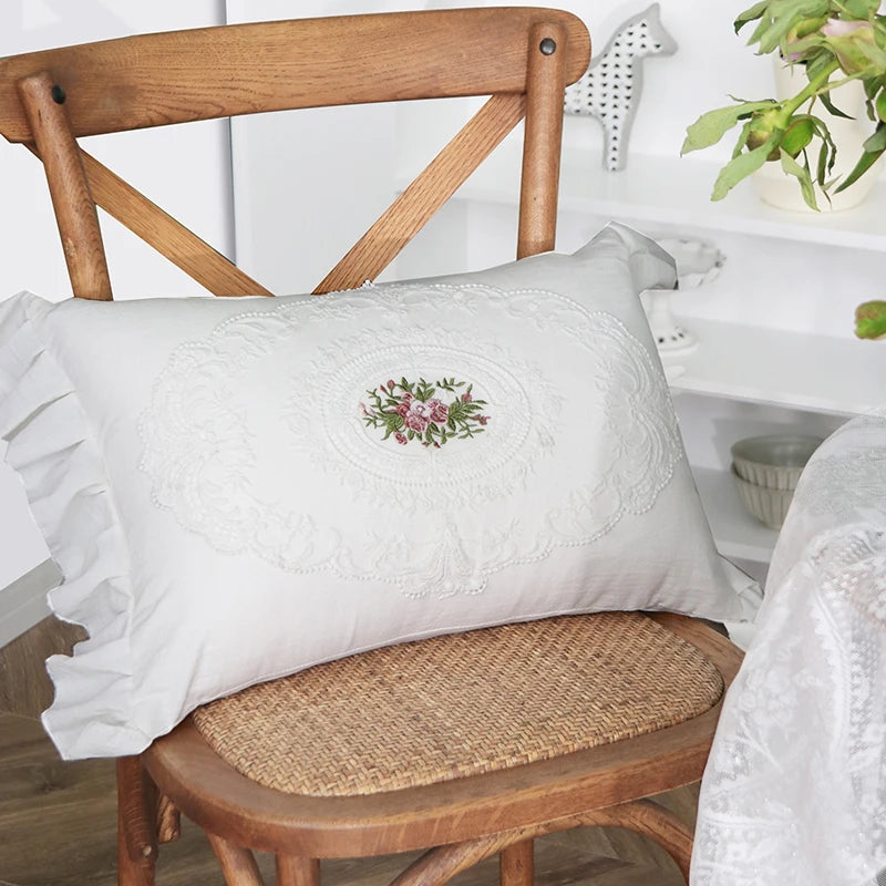 French Lace Cotton Decorative Pillow Cover White Square Cushion