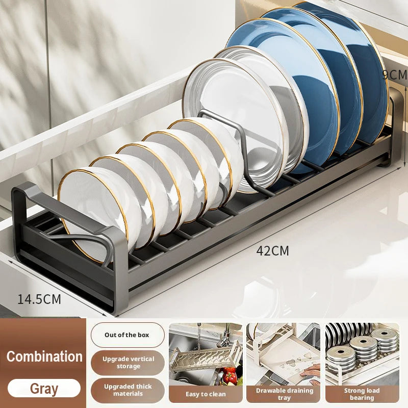 Pull Out Cabinet Shelf Stainless Steel Plate And Bowl Rack Organizer