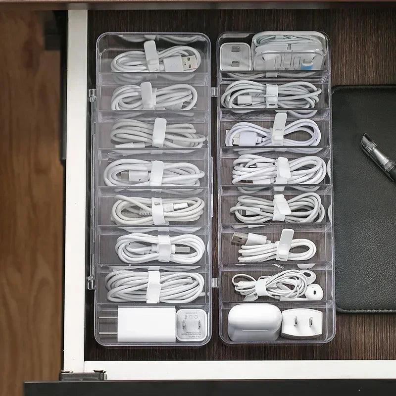 Transparent Plastic Cable Storage Box With Divided Grid Organizer
