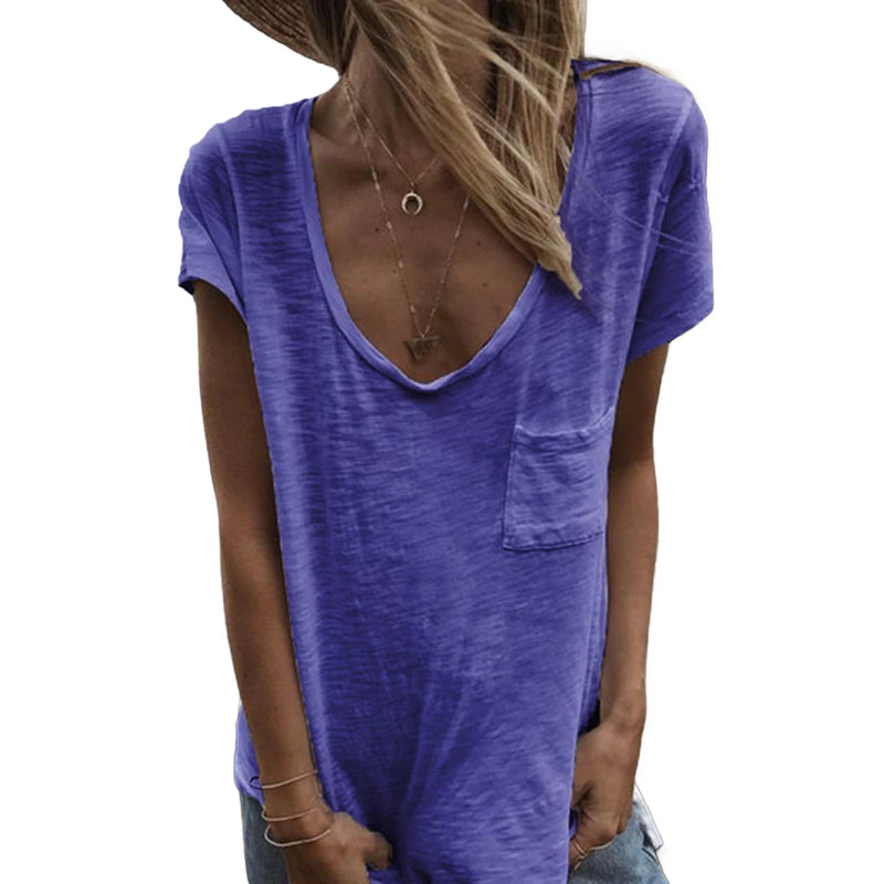 Plus Size Women's T-Shirt Candy Color V Neck Short Sleeve Summer Top