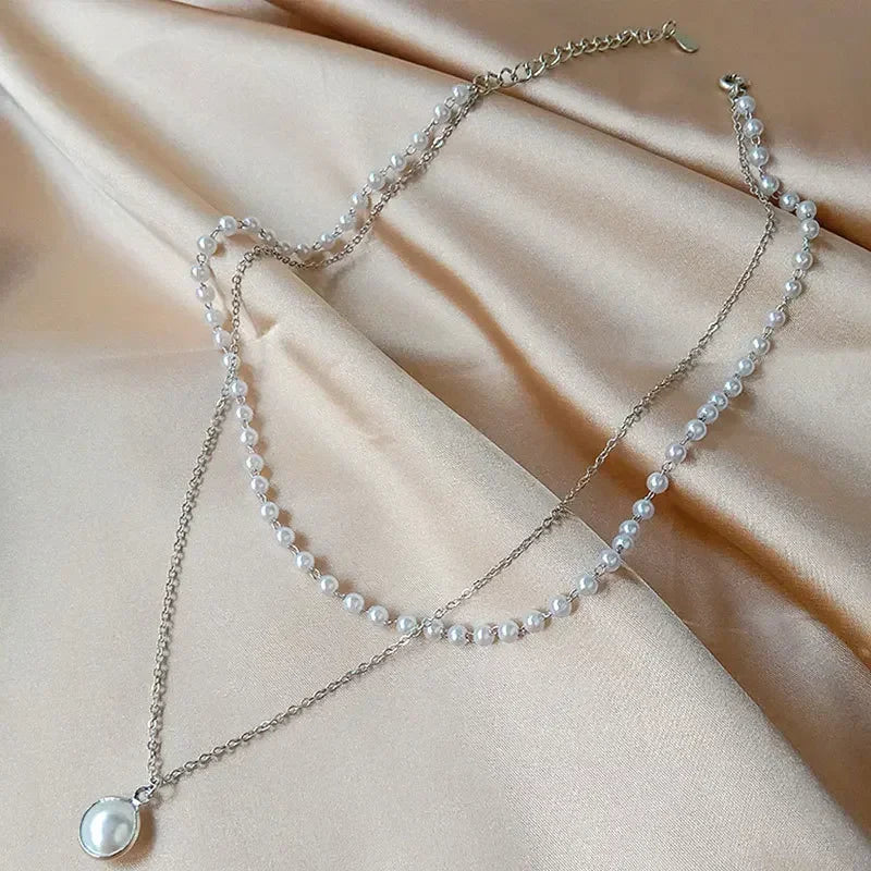 Women's Pearl Necklace Gold Beads Double Layer Chain Choker