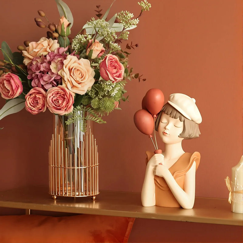 Modern Balloon Girl Sculpture Resin Figurine Gold Tray Living Room Decor