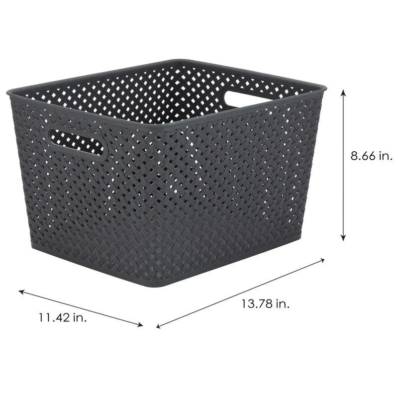 Large Gray Resin Wicker Storage Bin With Handles For Organizing