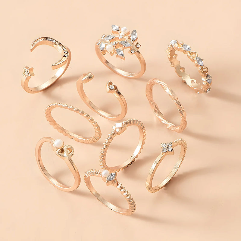 Women’s Gold Chain Ring Set 10Pcs Bohemian Coin Snake Star Jewelry