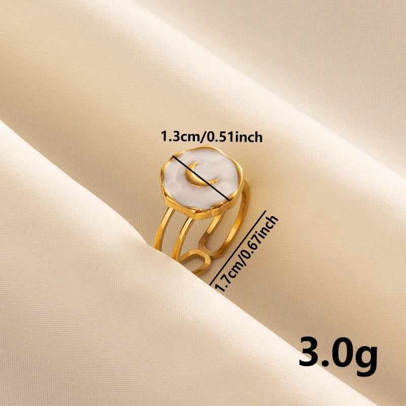 Bohemian Adjustable Stainless Steel Ring White Enamel Gold Color