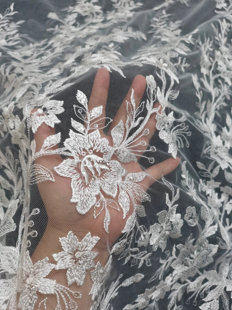 Off White Embroidery Mesh Lace Fabric For Evening Dress Sewing