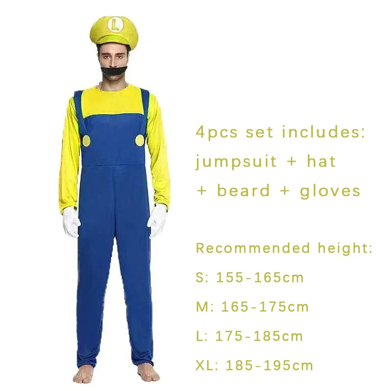 4pcs Luigi Cosplay Costume Super Bros Jumpsuit Anime Outfit