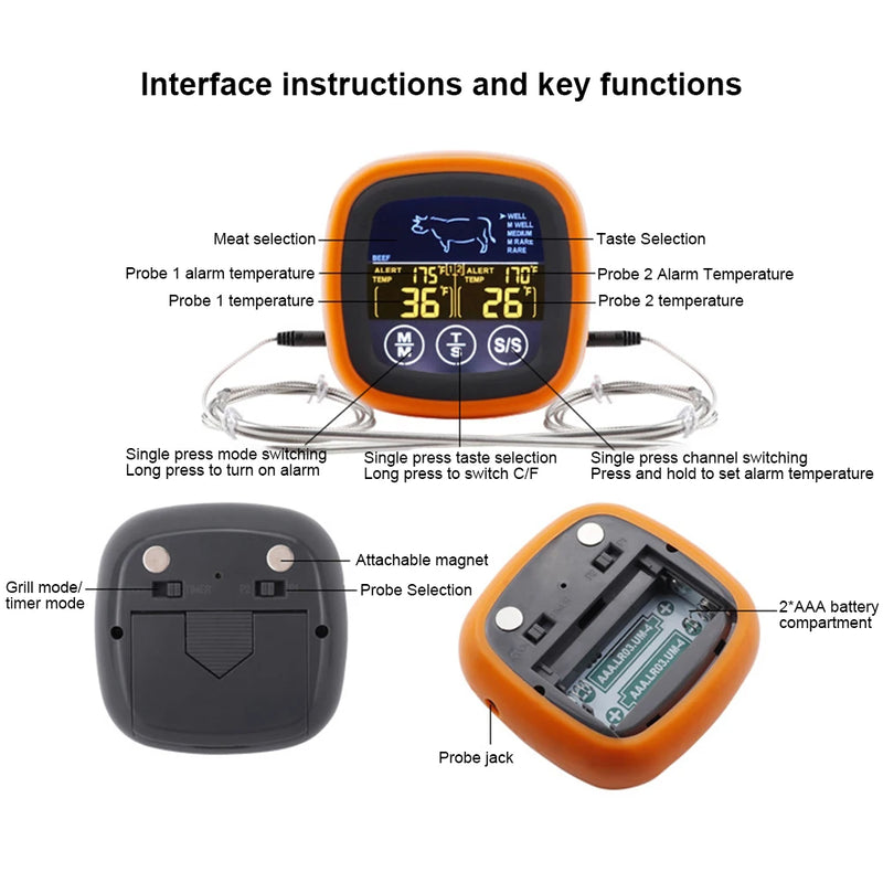 Digital Meat Thermometer Waterproof Touch Screen BBQ Cooking Probe