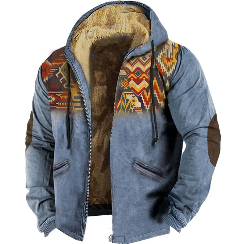 Winter Men’s Hooded Zipper Hoodie Jacket Vintage Lamb Wool Fleece Lined