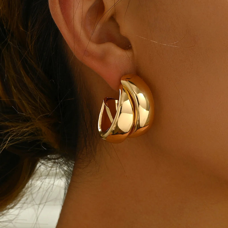 Chunky Hoop Earrings Gold Color Double Ring Thick Geometric Drop Earrings