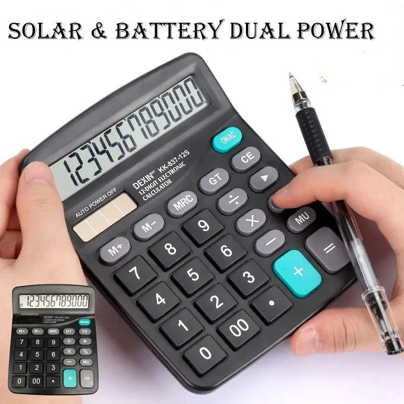 12 Digit Calculator Solar Battery Dual Power Large LCD Display