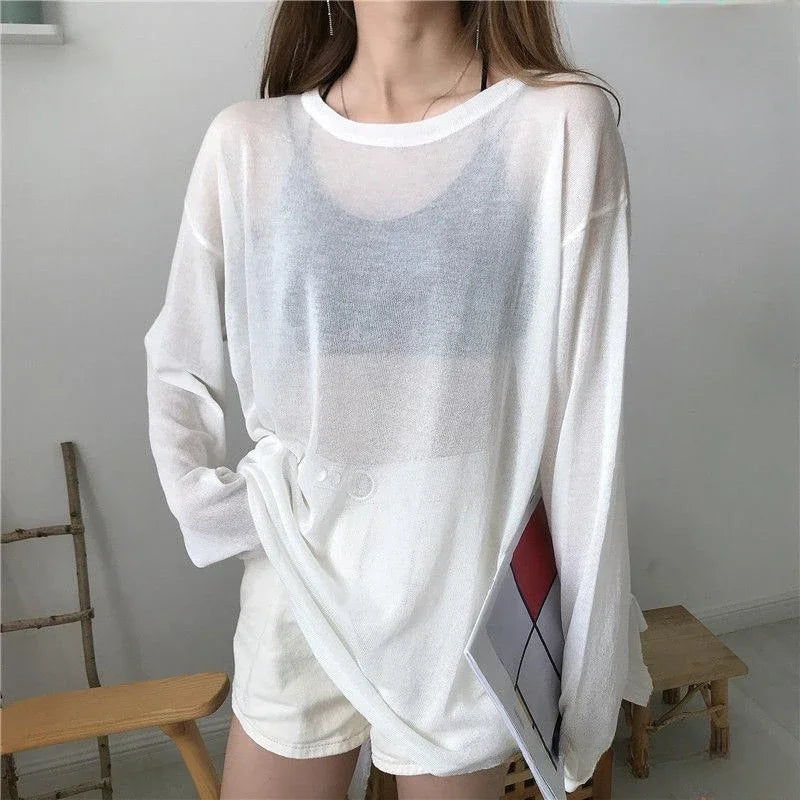 Sheer T-shirts Women Loose Fit Summer Long Sleeve Breathable Top