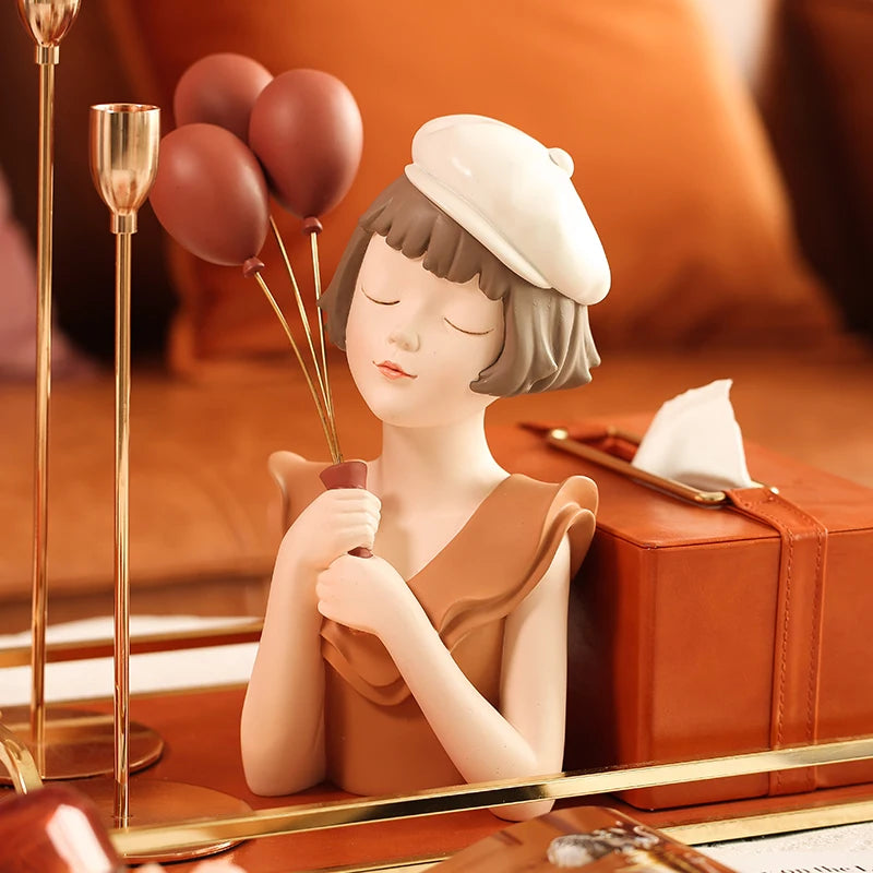 Modern Balloon Girl Sculpture Resin Figurine Gold Tray Living Room Decor