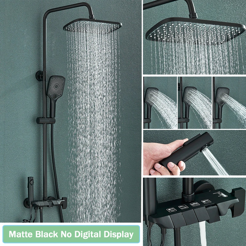 Rozin Black Digital Shower Faucet Set Rainfall Mixer Tap Bathroom