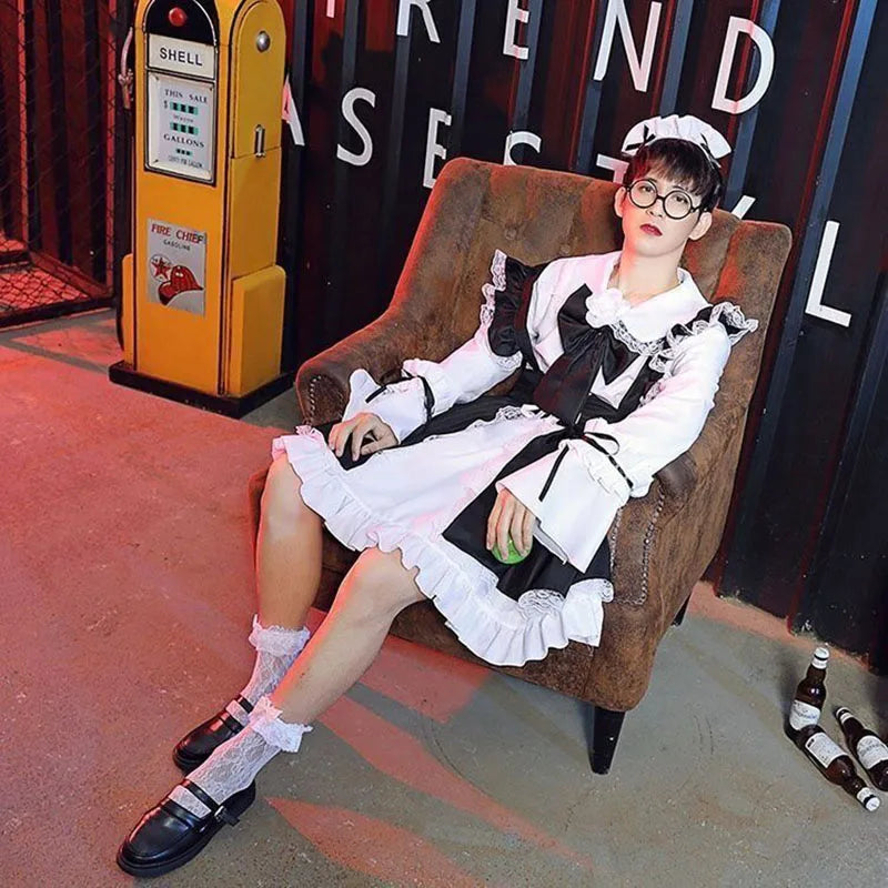 Women Maid Lolita Cosplay Costume Black White Cafe Apron Dress