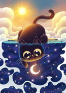 Black Cat Canvas Wall Art Moon Star Forest Cartoon Illustration