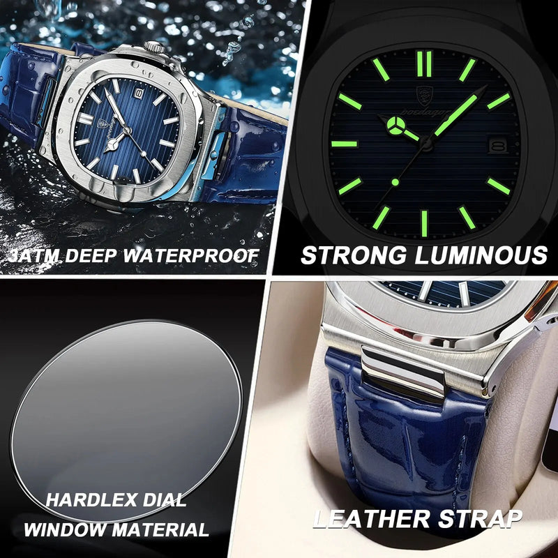 POEDAGAR Casual Square Men's Leather Quartz Watch Waterproof Luminous