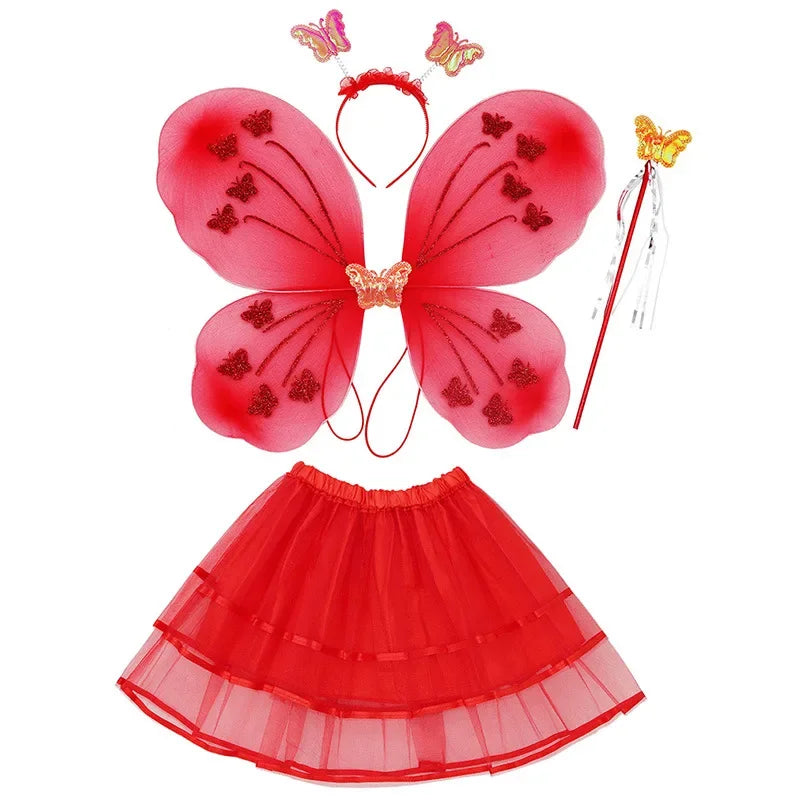 Girl Fairy Costume Butterfly Wings Wand Headband Skirt Set