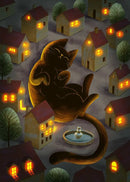 Black Cat Canvas Wall Art Moon Star Forest Cartoon Illustration