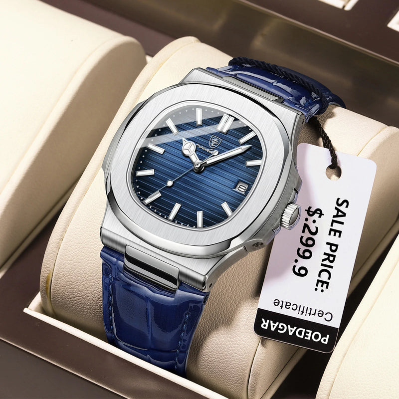 POEDAGAR Casual Square Men's Leather Quartz Watch Waterproof Luminous
