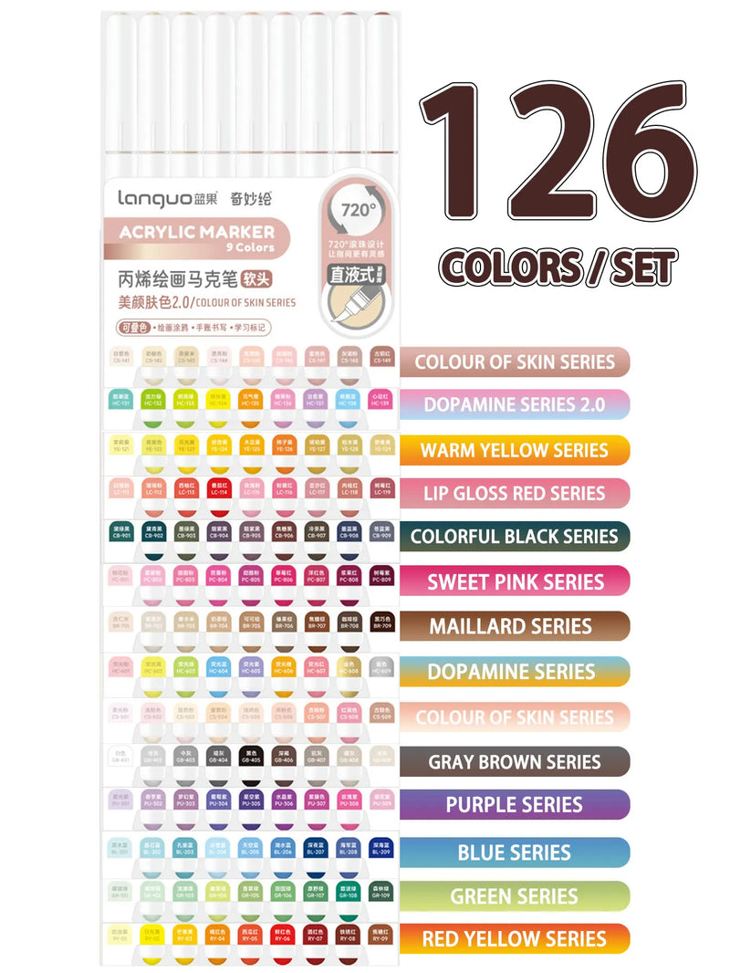 Languo 9pcs Acrylic Marker Pen Set Soft Brush Paint Pens For Art