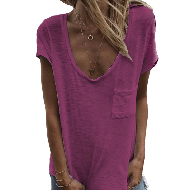 Plus Size Women's T-Shirt Candy Color V Neck Short Sleeve Summer Top