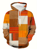 Men's Loose Hoodie Denim Plaid Patchwork Drawstring Pocket Sweatshirt