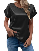 Women's Satin Shirt Short Sleeve Loose Casual Round Neck T-shirt