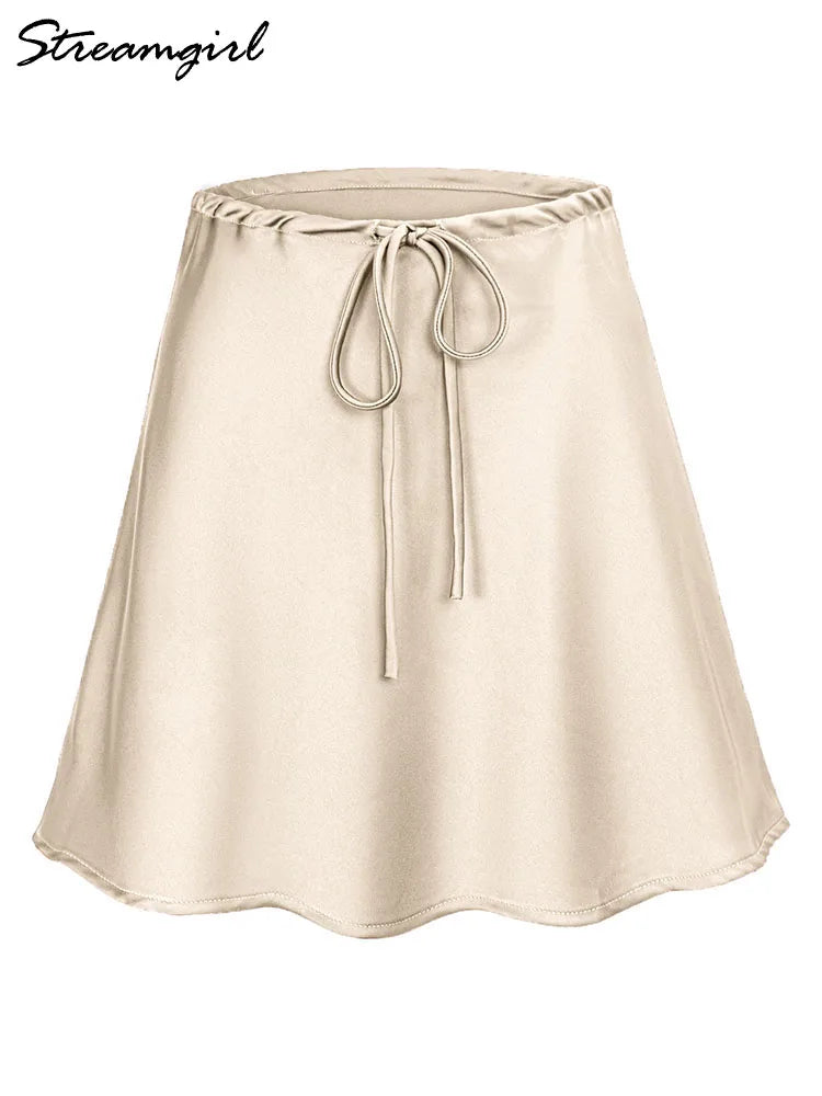 Satin Mini Skirt Women High Waist Drawstring A Line Summer Silk