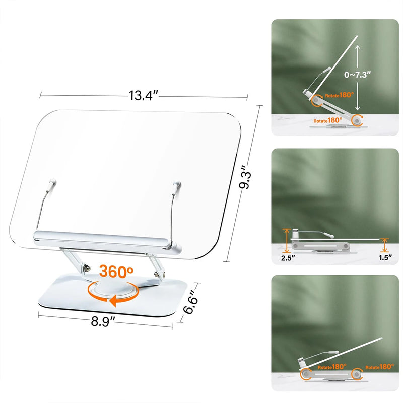 Adjustable Acrylic Book Stand With 360 Degree Rotating Base And Clips