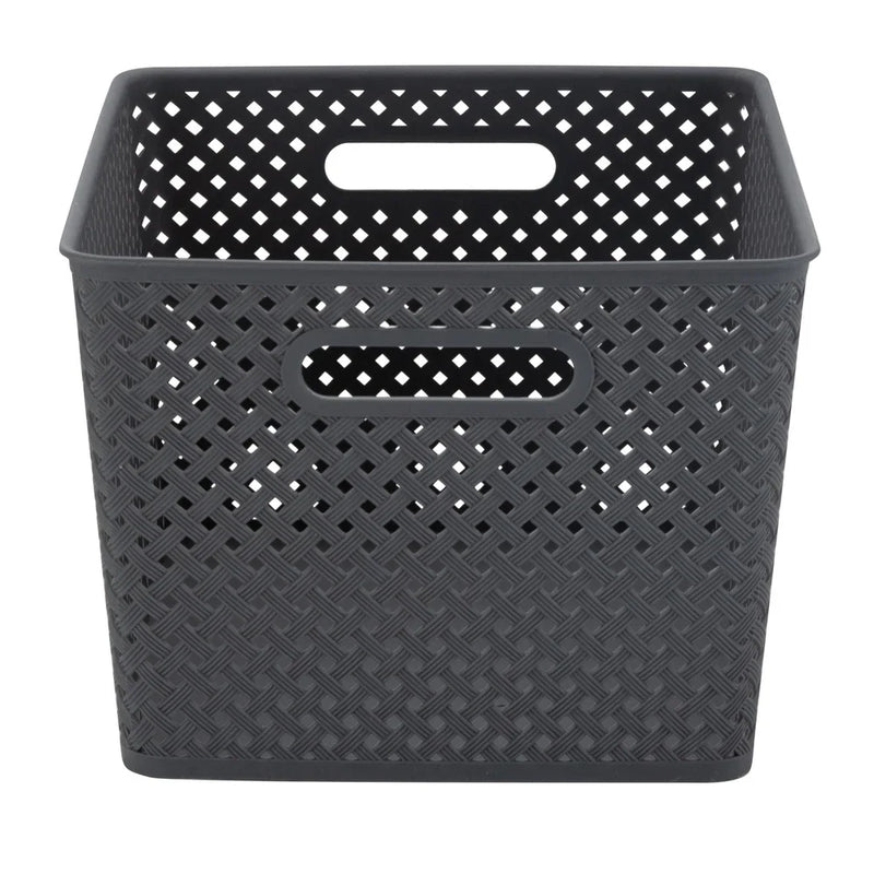 Large Gray Resin Wicker Storage Bin With Handles For Organizing