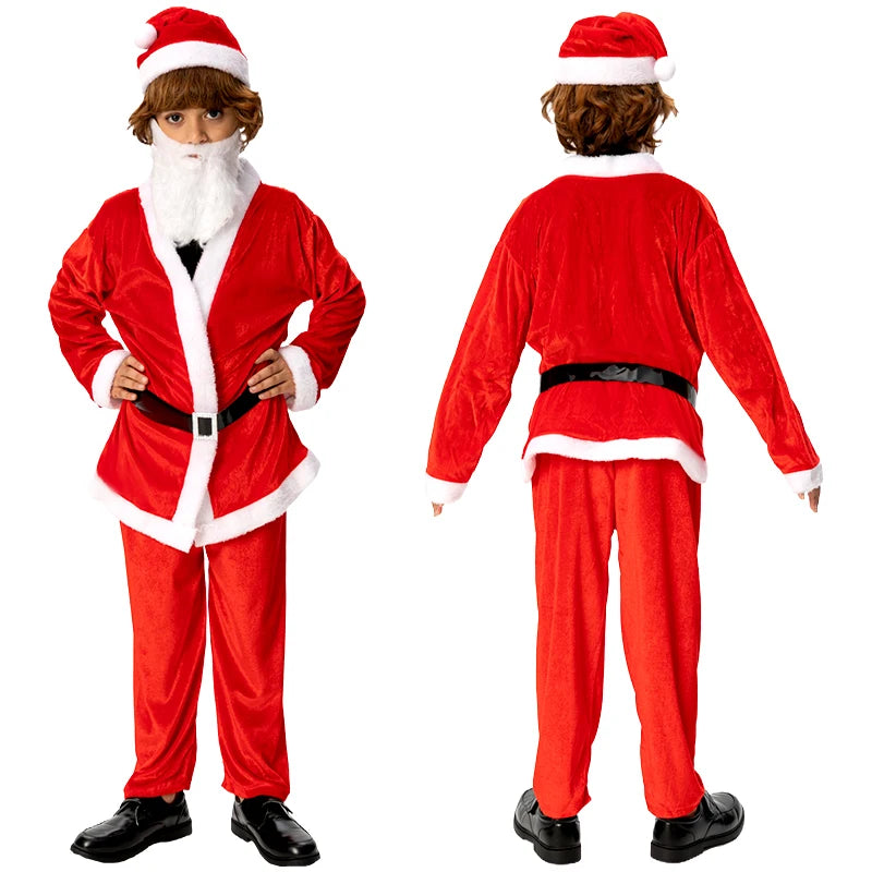 Santa Claus Costume For Kids Ages 4-13 With Hat Beard Belt Shoe Covers