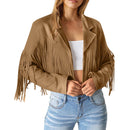 Women Faux Suede Leather Jackets Fringe Tassel Cropped Motorcycle Style
