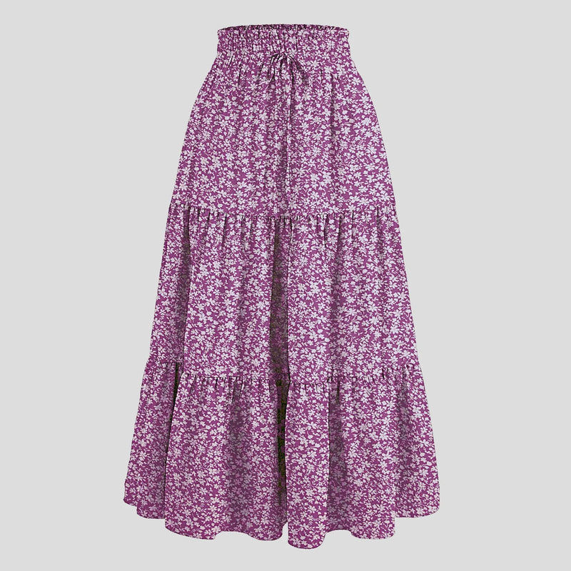 Boho Floral Maxi Skirt Elastic Waist Pleated Flowy Long Skirt