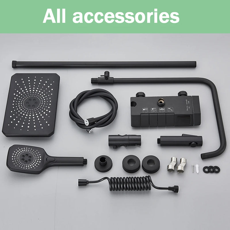 Rozin Black Digital Shower Faucet Set Rainfall Mixer Tap Bathroom