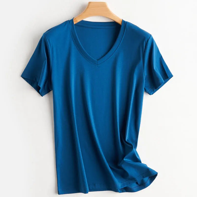 Women Silk T-shirts Mercerized Cotton O Neck Short Sleeve Casual Tops