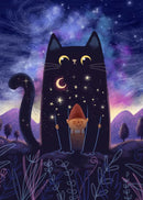 Black Cat Canvas Wall Art Moon Star Forest Cartoon Illustration