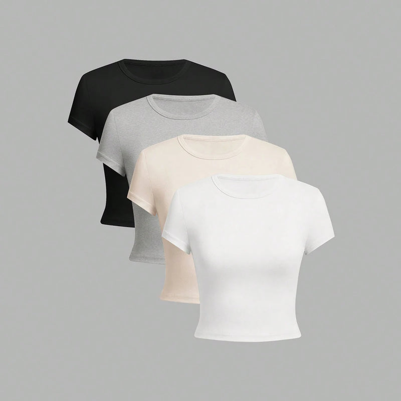 4 Pieces Women's Basic Short Sleeve T-Shirt Solid Color Summer Top