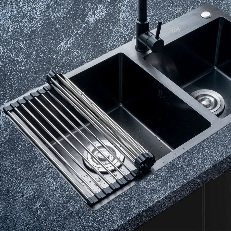 Kitchen Roller Shutter Drain Rack Stainless Steel Folding Dish Holder